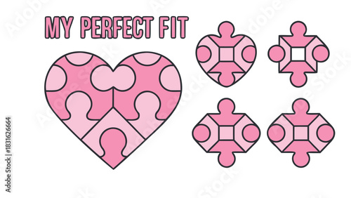 Pink puzzle heart and four abstract puzzle pieces with a square center and circular elements symbolizing connection and perfect fit