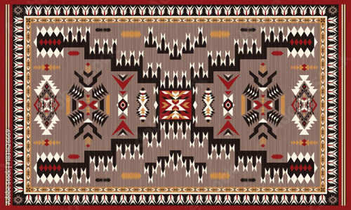 Navajo storm pattern rug style vector.Sacred mountain symbolism with central rectangular motif connecting four corners.Representing weather,lightning.Carpet southwestern tribal geometric illustration.