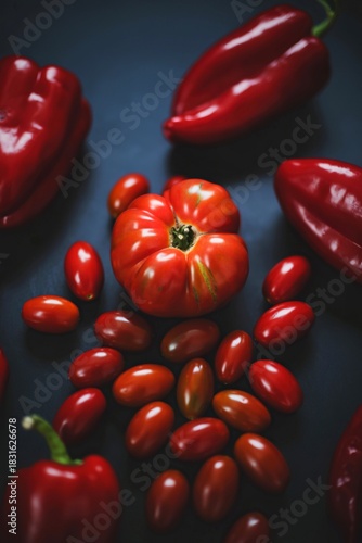 Assortment of vibrant red peppers and tomatoes on a dark surface