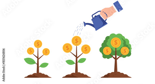 Business concept of investment growth with money trees and a hand watering coins to make them grow into a large tree.