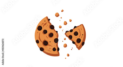 Delicious chocolate chip cookie broken in half with crumbs flying away in a fun and tasty sweet dessert food illustration.