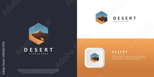 desert logo with camel, symbol of the wild, nature conservation, vector graphic design.