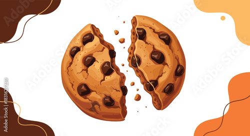 Freshly baked chocolate chip cookie broken into two pieces with crumbs on a decorative background for a bakery or cafe menu.