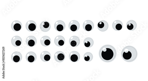 Large set of plastic googly eyes in various sizes and angles for crafts and funny character creation on a white background.