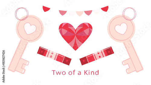 Two keys with hearts and a geometric heart symbol representing love and partnership on a white background