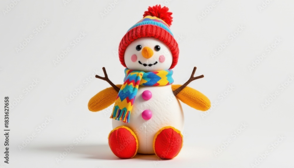 Fototapeta premium isolated on white with studio clarity: snowman plush doll crafted from colorful bpa free plastic, bath safe water play, suitable for toddlers aged 1–3, in classic primary colors