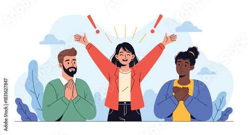 Happy and diverse group of people celebrating a successful and cheerful woman with their hands raised in appreciation.