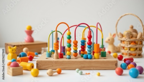 product photo on pure white, no background distractions: wooden bead maze (material: upcycled textiles), vintage nostalgic, for for kids aged 3–6 learning shapes and colors, in candy striped colors