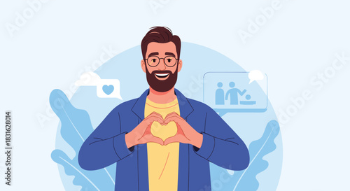 Happy and kind bearded man making a heart shape with his hands to show love support and positive volunteering.