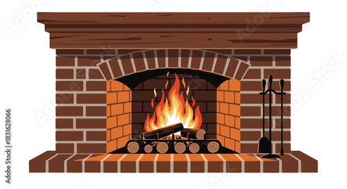 Cozy brick fireplace with a warm burning fire and a set of fireplace tools isolated on a white background illustration.