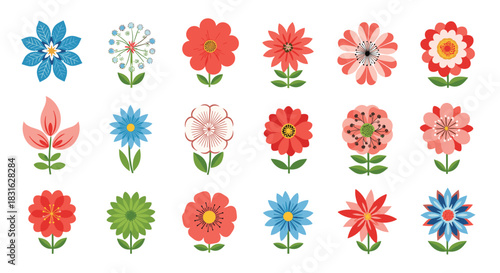 Collection of various stylized folk art flowers in red blue and green colors for decorative spring and summer designs.