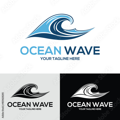 Ocean wave logo design with text in blue black and white water surf