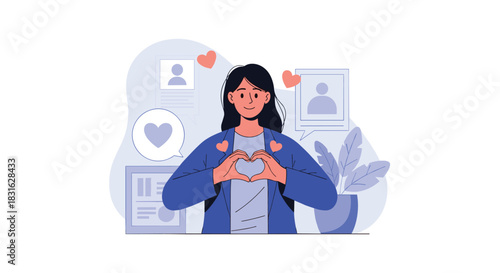 Young woman making a heart shape with her hands to express self-love and positive self-esteem in a modern illustration.