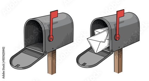 Vintage engraving style illustration of an open metal mailbox shown both empty and full with letters on a wooden post.