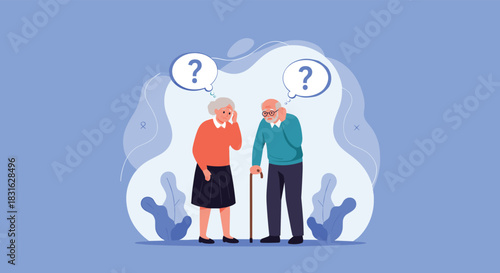Elderly couple looking confused and worried with question marks above their heads representing memory loss and dementia.