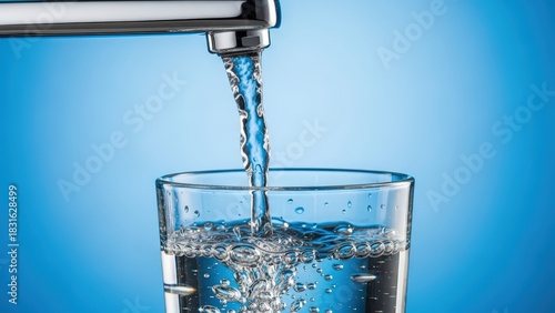 Fresh drinking water pouring from faucet into glass on blue background