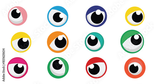 Set of twelve colorful cartoon googly eyes looking in various directions for creating fun and playful monster characters.