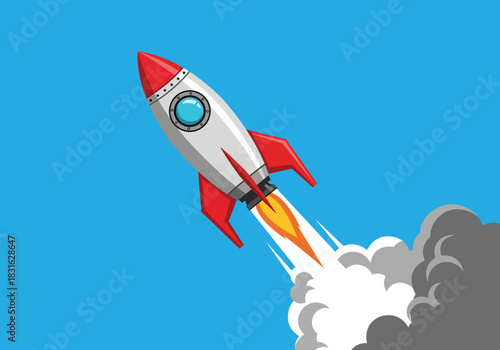 Red and silver rocket launching with orange flames and white smoke against blue sky spaceship space