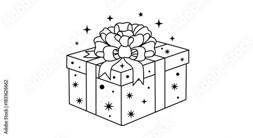 Black and white line art of a sparkling gift box with a large decorative bow perfect for a birthday or holiday coloring page.
