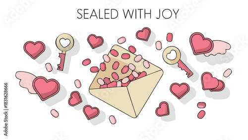 A whimsical illustration of a beige envelope overflowing with pink and red jelly beans surrounded by heart shapes and keys symbolizing love and joy