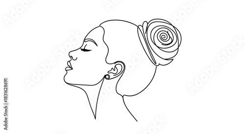 Elegant woman's profile with closed eyes and a rose bun hairstyle created in a continuous single line art drawing style.