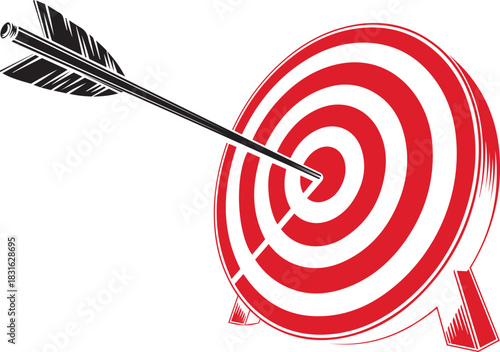 Red and white dartboard with arrow hitting bullseye target