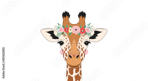 Portrait of a cute and adorable giraffe wearing a beautiful floral crown in a sweet and charming animal illustration.