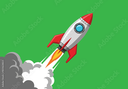 Red and white rocket ship blasting off with smoke and fire spaceship space