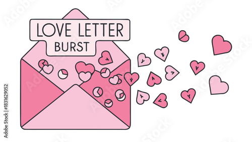 Pink envelope bursting with hearts and the words love letter burst symbolizing romance and affection