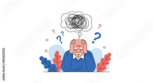 Elderly man holding his head in despair with a tangled scribble in a thought bubble representing confusion and memory loss.