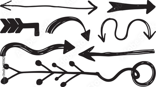 Hand-Drawn Arrow Clipart Set: Black Sketch Arrows, Curved & Directional Doodle Designs