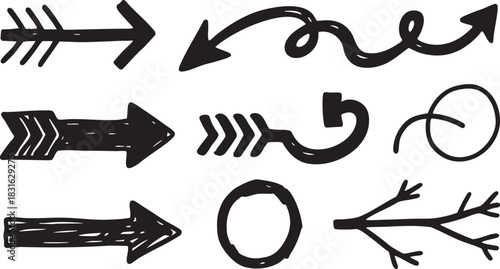Hand-Drawn Arrow Clipart Set: Black Sketch Arrows, Curved & Directional Doodle Designs