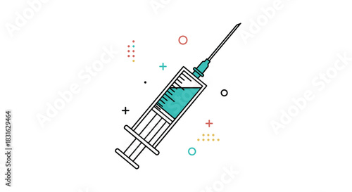 Modern flat line icon of a medical syringe filled with teal liquid for injection or vaccination with abstract geometric shapes.