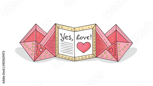 Hand drawn pink origami fortune teller or cootie catcher with yes love message and heart illustration