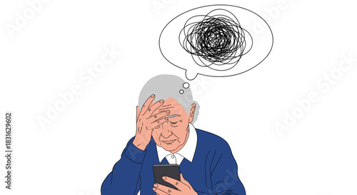 Elderly woman feeling confused and overwhelmed while using a smartphone with a tangled scribble in a thought bubble above her.