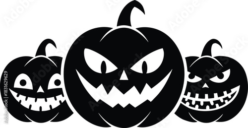 Three black Halloween jack o lanterns with carved faces pumpkin