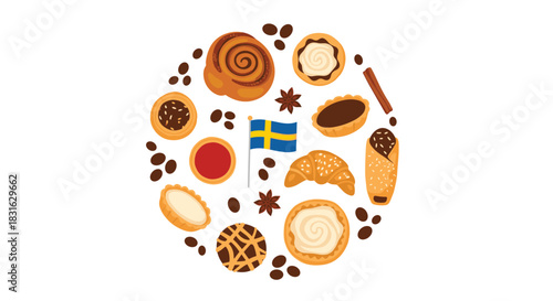 Circular composition celebrating a Swedish fika coffee break with assorted pastries cinnamon buns and a Swedish flag on white.