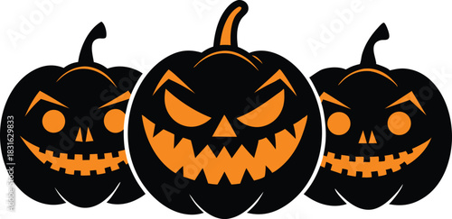 Three black jack o lanterns with orange carved faces and stems halloween pumpkin
