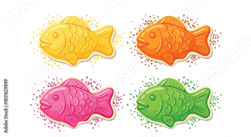 Set of four colorful and cute fish-shaped gummy candies or cookies in yellow orange pink and green with sugar sprinkles.