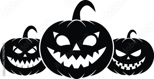 Three black jack o lanterns with carved spooky faces and stems halloween pumpkin