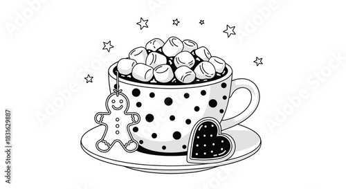 Black and white coloring page of a cozy Christmas mug of hot chocolate with marshmallows gingerbread man and a heart cookie.