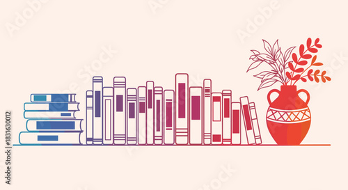 Stylized illustration of a bookshelf with a colorful gradient row of books and a decorative vase with a plant on a shelf.