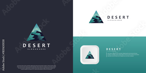 Outdoor logo with desert and mountain peak symbols, outdoors, recreation, vector graphic illustration.
