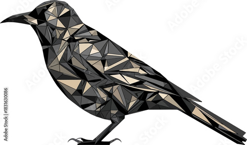 A striking geometric illustration presents a stylized bird, composed of intricate triangular shapes and a modern artistic aesthetic on white.