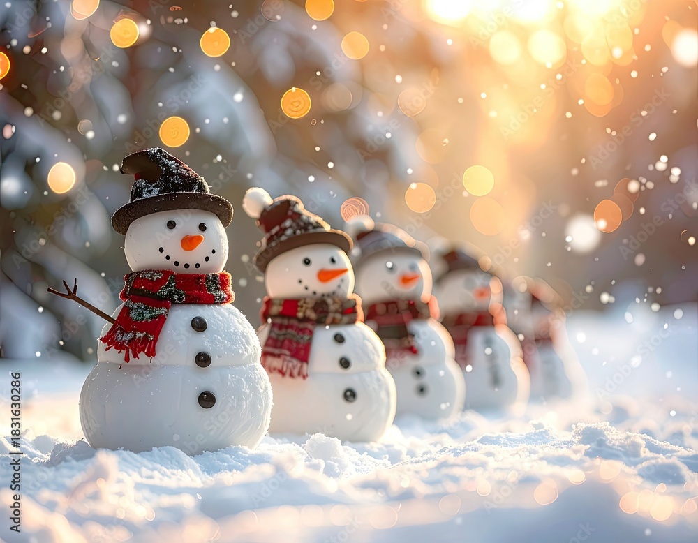 Fototapeta premium A cheerful line of snowmen stands ready in the softly lit, snowy winter landscape.