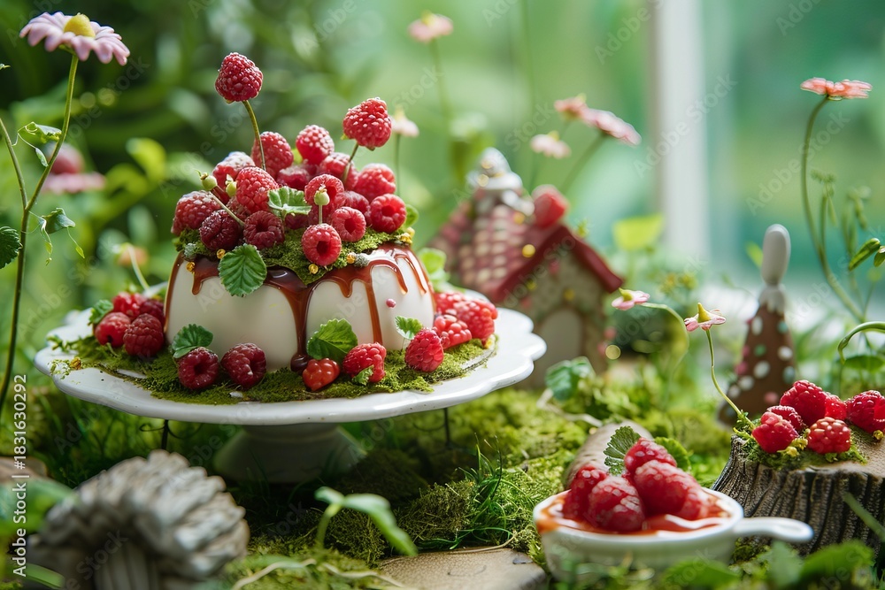 Naklejka premium Creamy panna cotta dessert with fresh raspberries and caramel sauce in a fairy garden setting