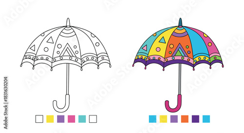 Kids coloring page activity with a patterned umbrella featuring a black and white outline and a vibrant colored example below.