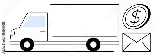 Delivery truck with a large compartment, envelope, and currency coin. Ideal for logistics, shipping, e-commerce, delivery services, business transactions payment solutions supply chain. Simple flat