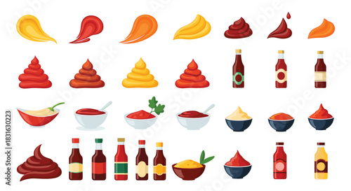 Large collection of various colorful sauces including ketchup mustard and barbecue in bottles bowls and artistic food smears.