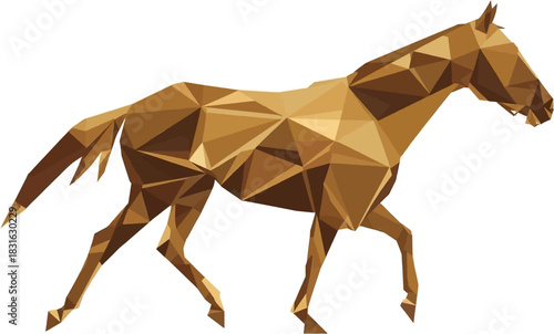 A digitally rendered illustration showcases a low-poly horse in motion, featuring geometric shapes and a warm, earthy color palette.